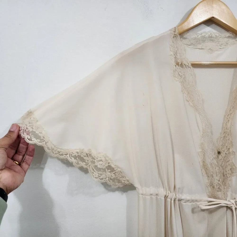 Vintage Shadowline Ivory Nylon Lace Button Front Robe Tie Waist Flare Sleeve SML